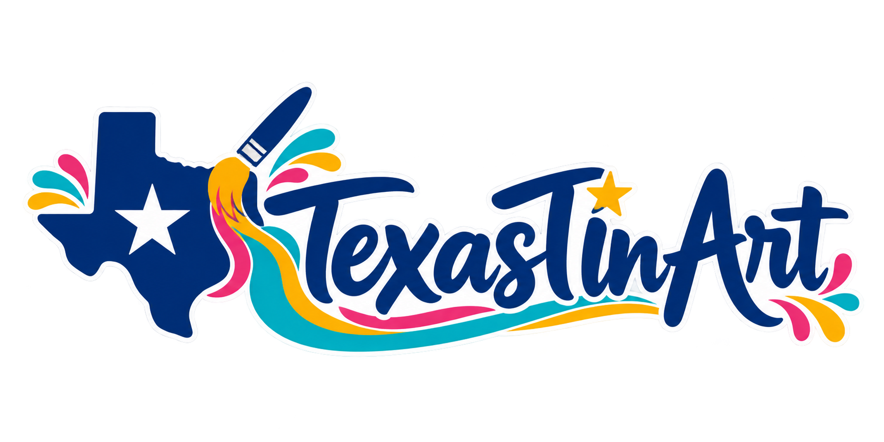 TexasTinArt logo: a blue Texas silhouette with a white star, paintbrush and colorful pink, yellow and turquoise paint
